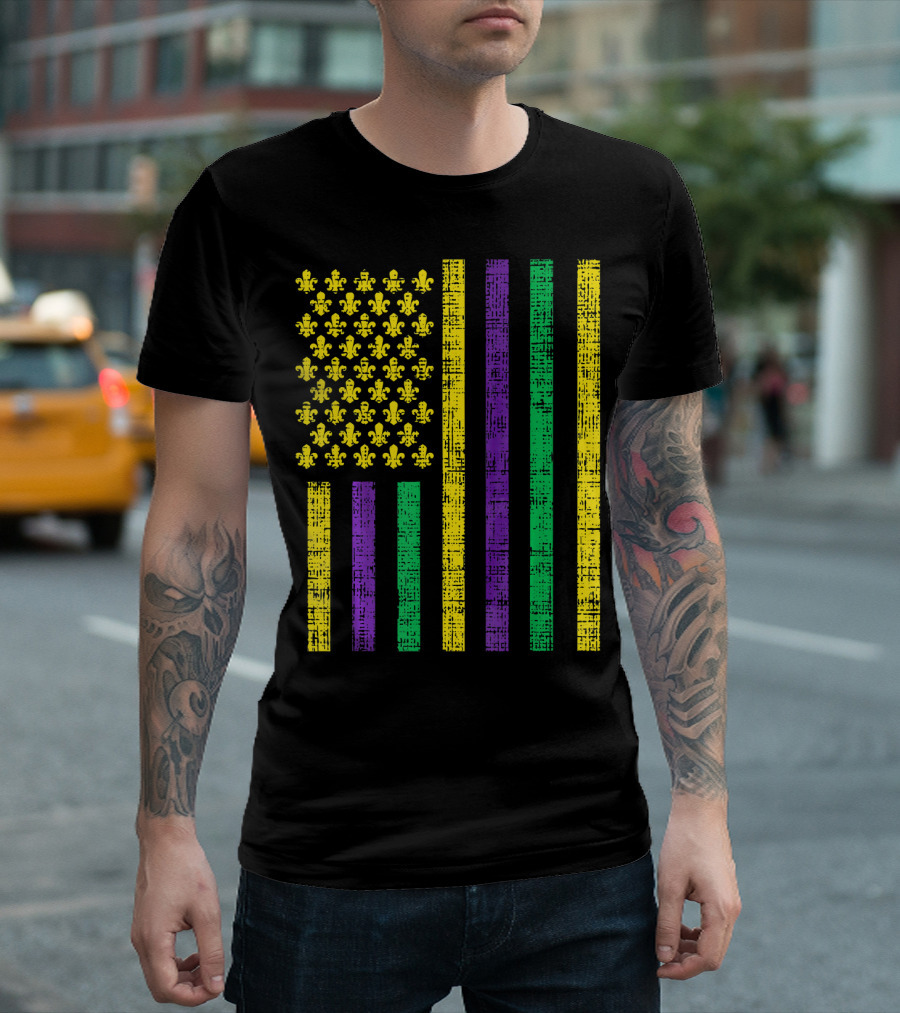 Purple Green Yellow Fleur-de-Lis US Flag Jester T-Shirt