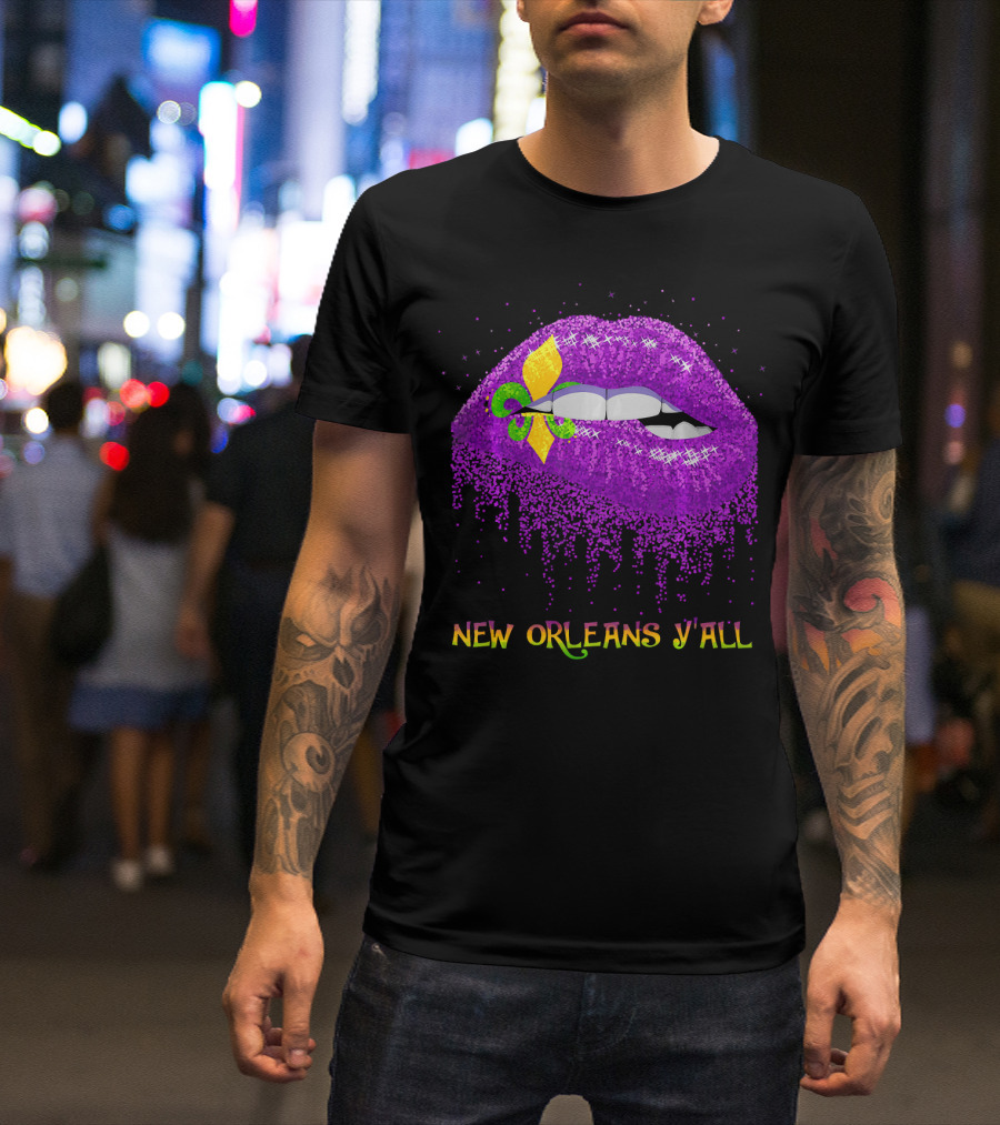 Fleur De Lys Purple Lips Biting New Orleans Y'all T-Shirt