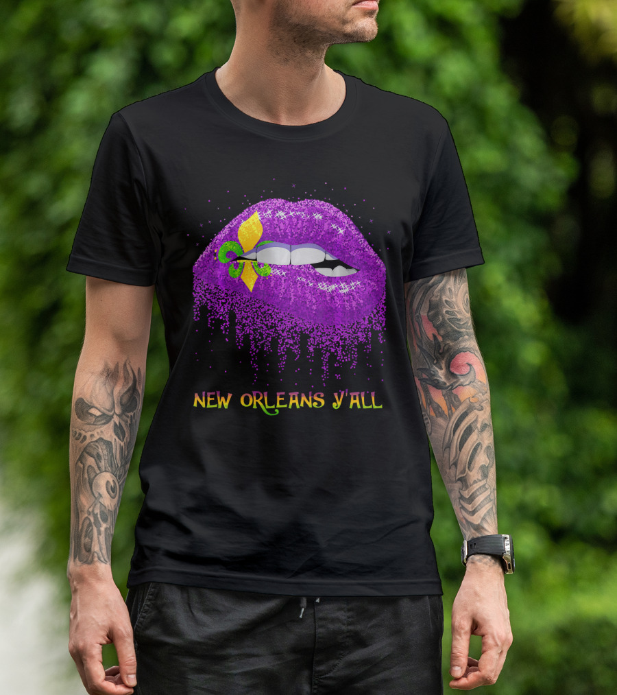 Fleur De Lys Purple Lips Biting New Orleans Y'all T-Shirt