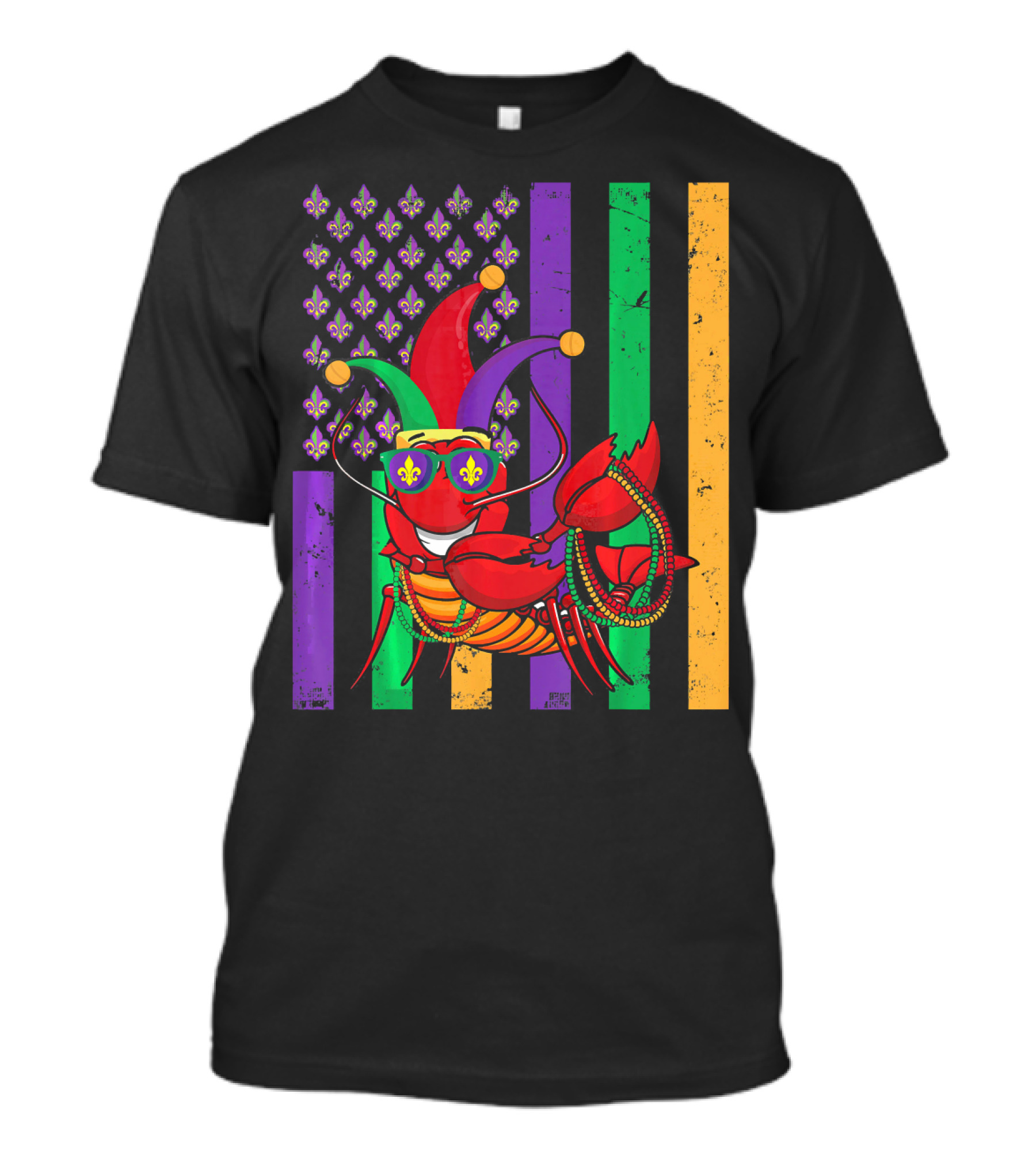 Mardi Gras Crawfish Dabbing Jester Hat Fleur-de-Lis Stripes T-Shirt