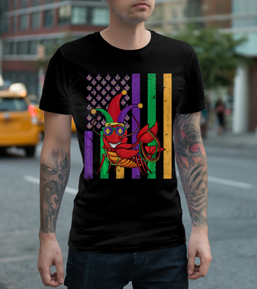 Mardi Gras Crawfish Dabbing Jester Hat Fleur-de-Lis Stripes T-Shirt