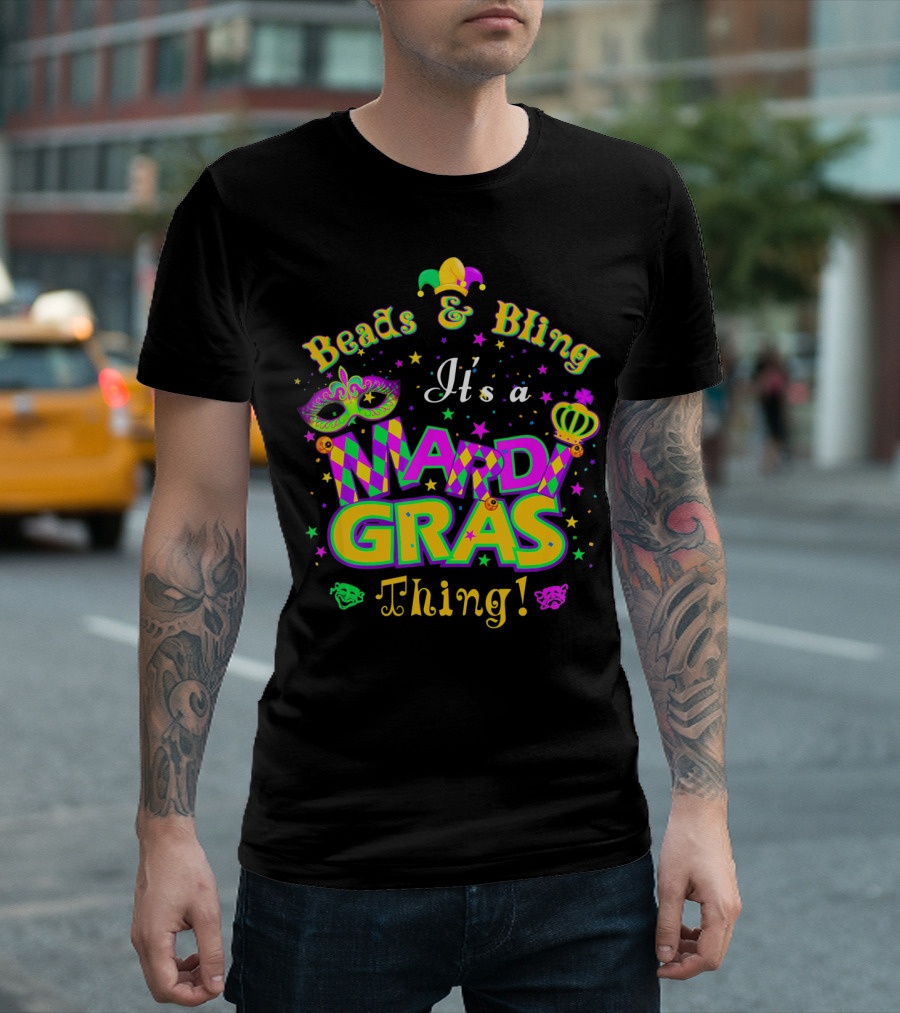 Beads and Bling It's a Mardi Gras Thing Mask Jester Crown Stars T-Shirt