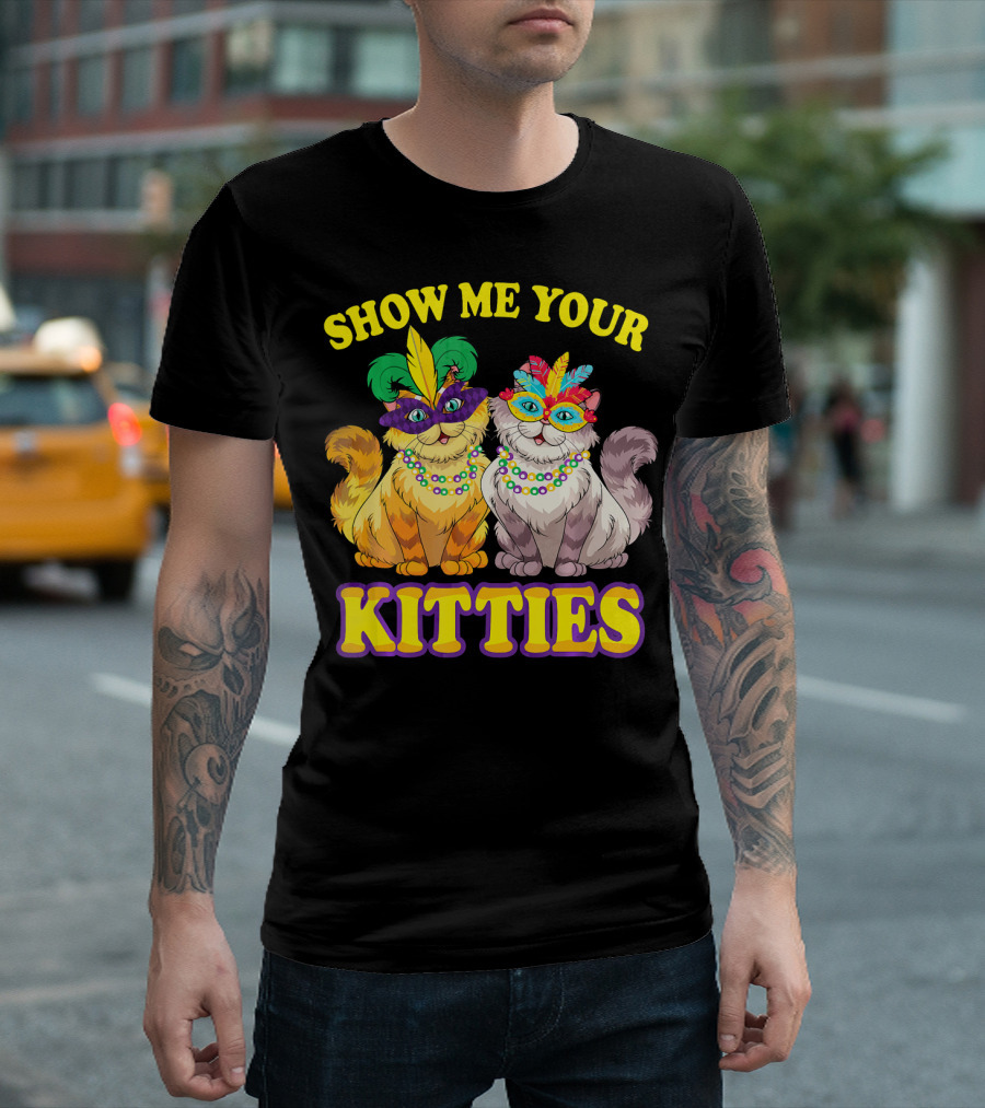 Show Me Your Kitties Mardi Gras Cats with Masks and Beads T-Shirt