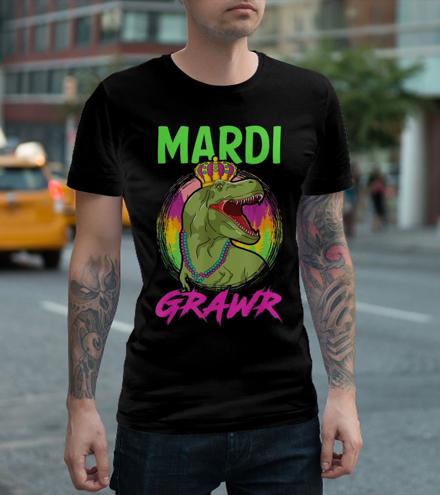 Mardi Grawr Rex Dinosaur in Beads and Crown with Rainbow Sunset T-Shirt