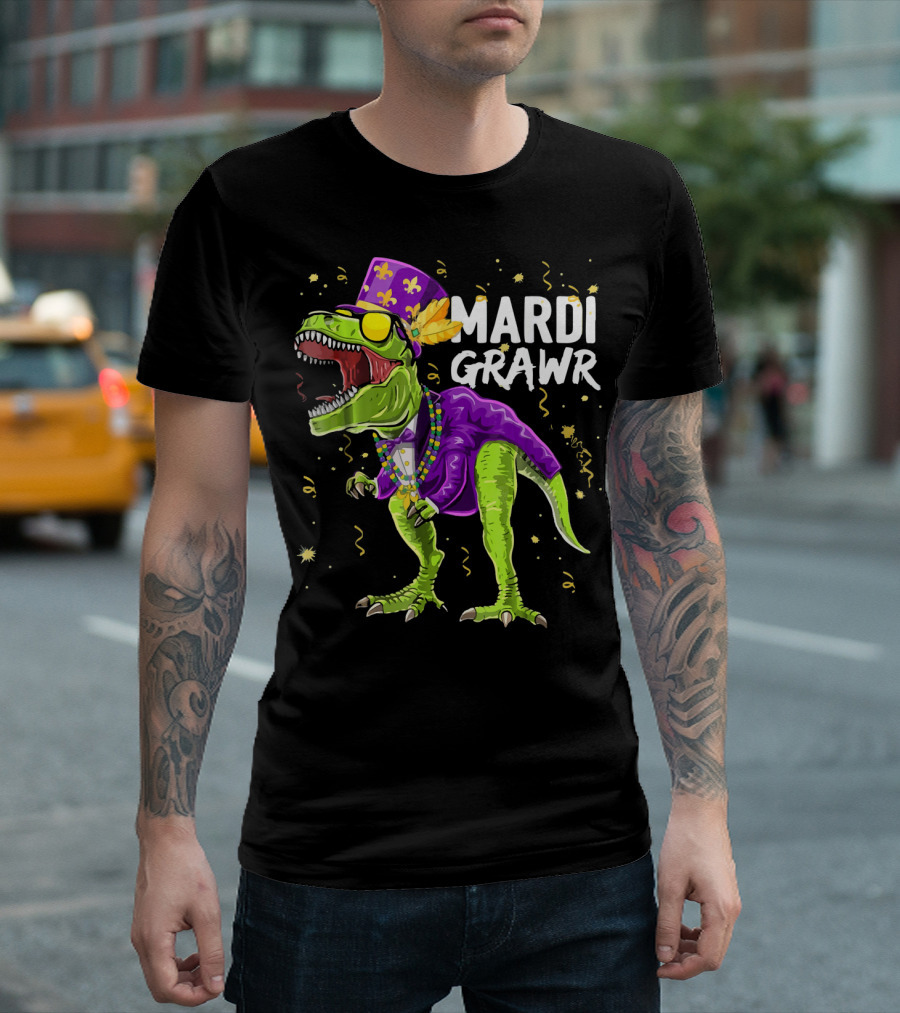 Mardi Gras Dinosaur Mardi Grawr Carnival Roaring T-Rex with Beads and Hat T-Shirt