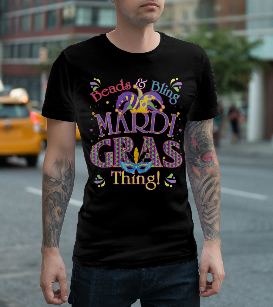 Beads and Bling Mardi Gras Thing Jester Hat Mask Confetti T-Shirt