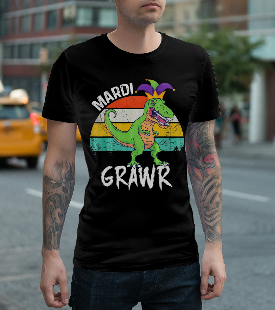 Mardi Grawr Dinosaur Wearing Jester Hat with Striped Sunset Background T-Shirt