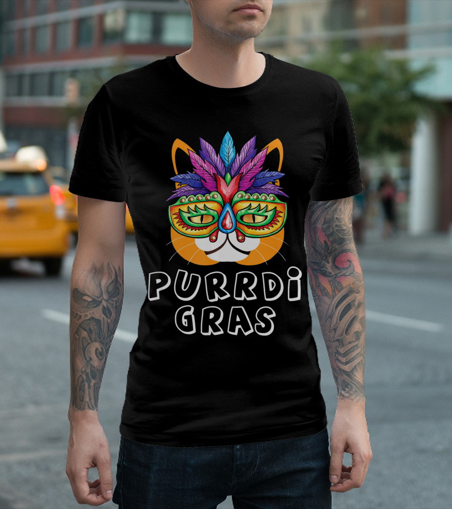 Purrdi Gras Funny Cat Mardi Gras Mask Feathers T-Shirt