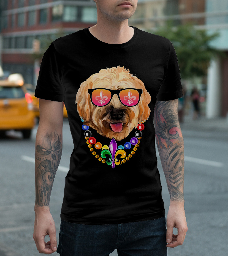 Goldendoodle Mardi Gras Beads Sunglasses Fleur-de-Lis T-Shirt