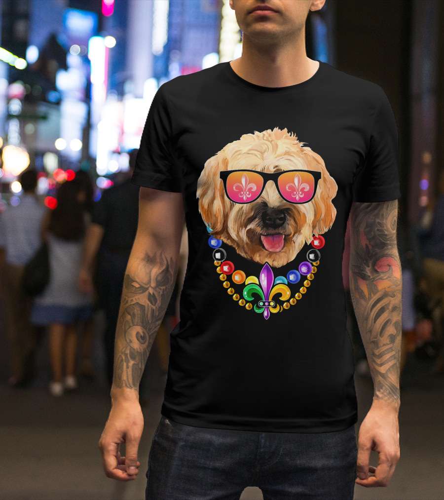 Goldendoodle Mardi Gras Beads Sunglasses Fleur-de-Lis T-Shirt
