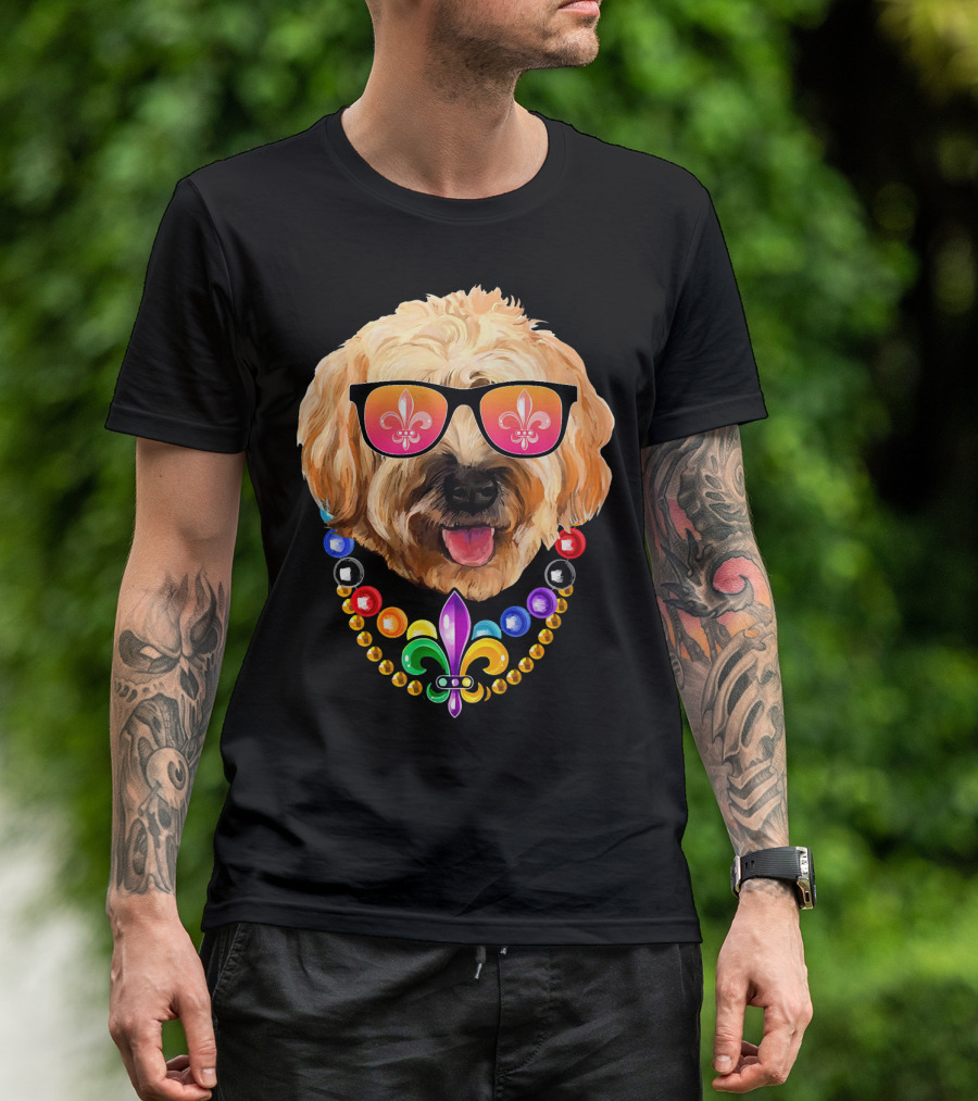 Goldendoodle Mardi Gras Beads Sunglasses Fleur-de-Lis T-Shirt