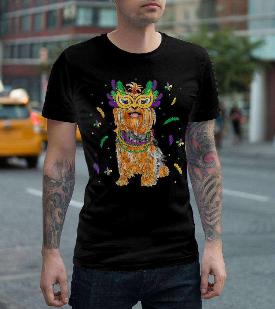 Beads Mask Yorkshire Terrier Mardi Gras Fleur De Lis Feathers T-Shirt