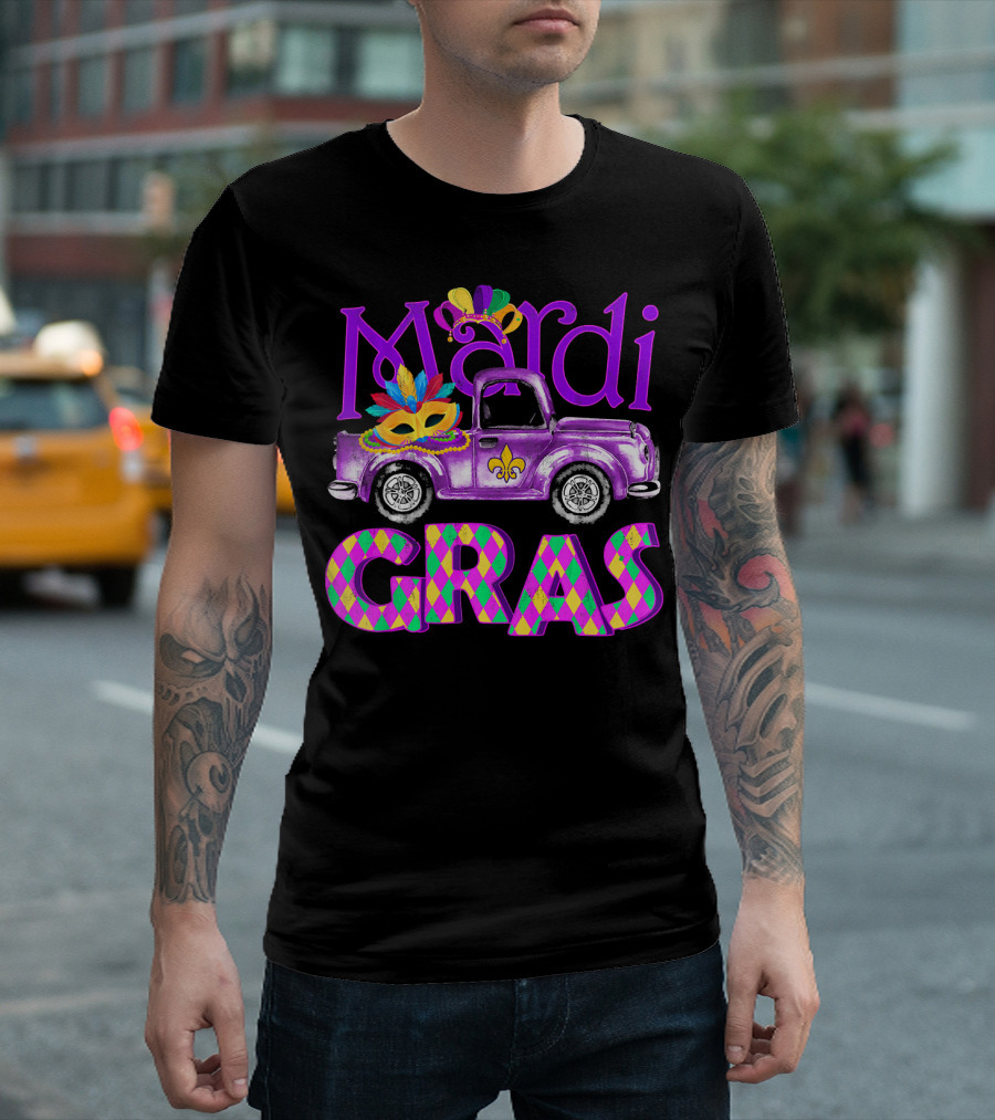 Mardi Gras Truck Mask With Colorful Feathered Costume T-Shirt