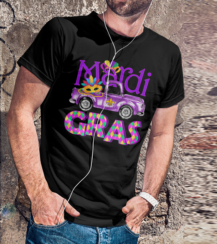 Mardi Gras Truck Mask With Colorful Feathered Costume T-Shirt