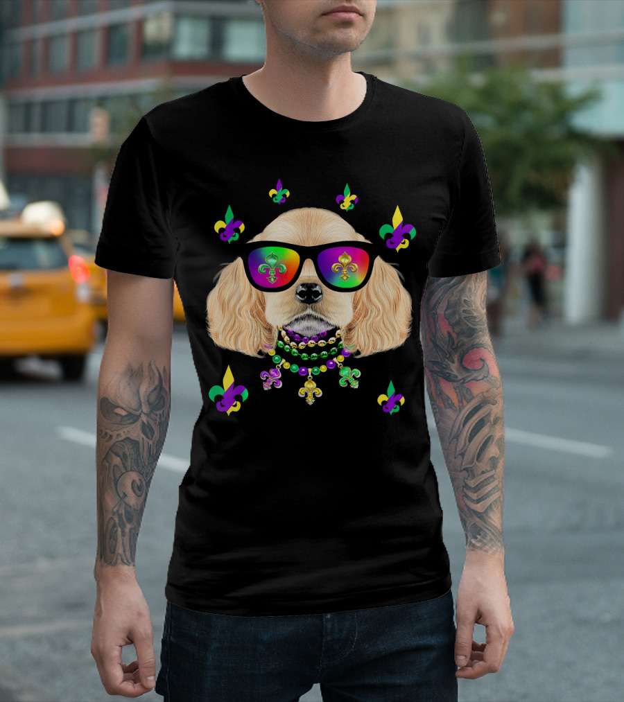Dog Wearing Mardi Gras Beads and Sunglasses with Fleur-de-Lis T-Shirt