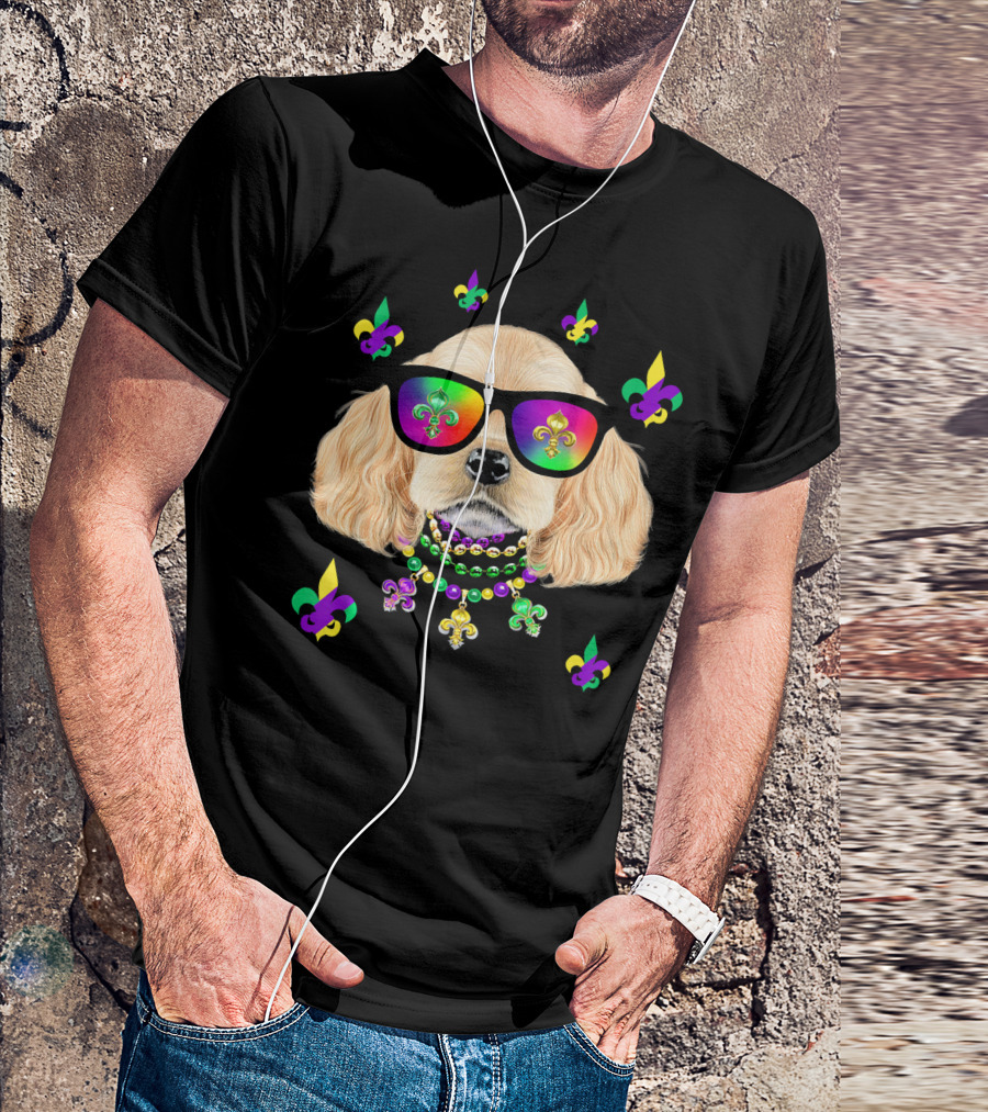 Dog Wearing Mardi Gras Beads And Sunglasses With Fleur-de-Lis T-Shirt