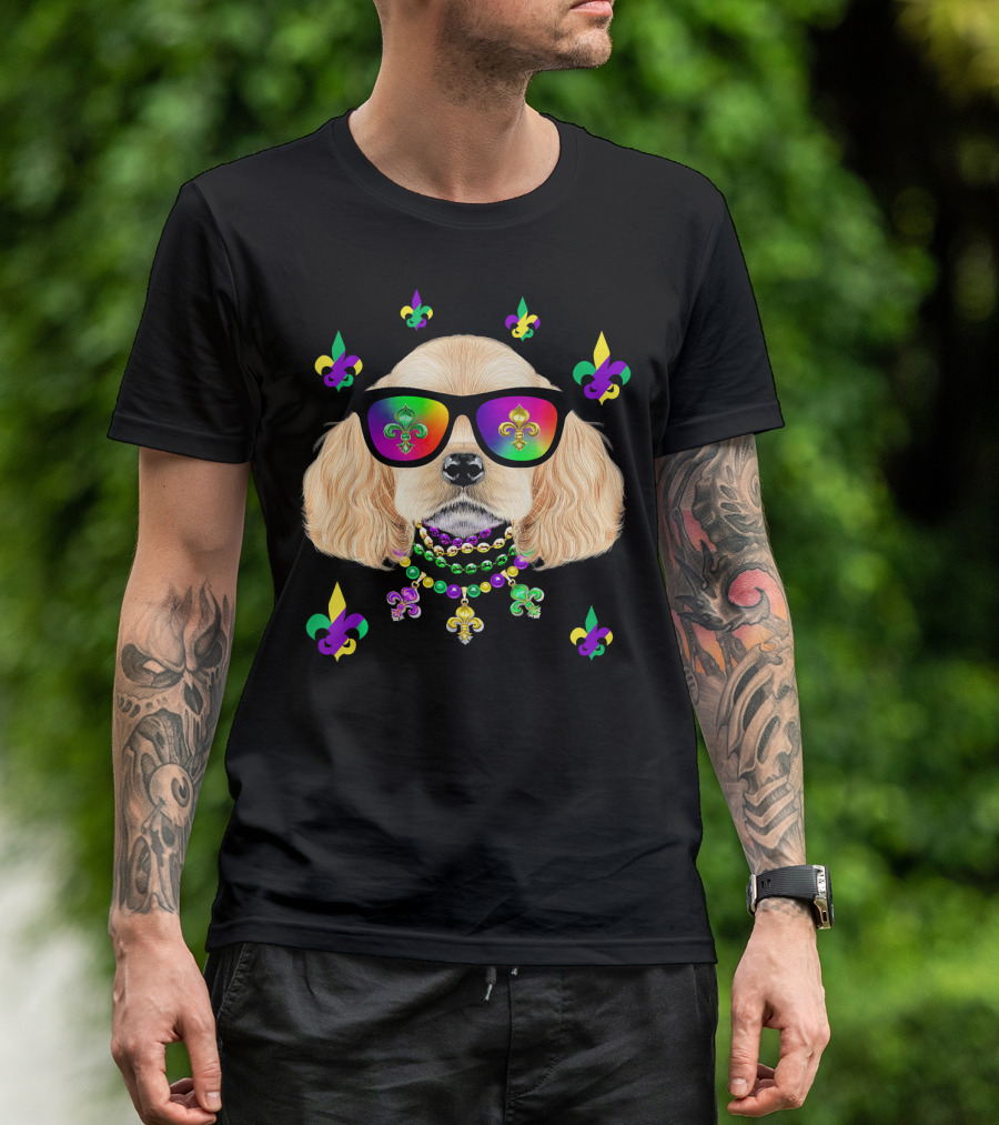 Dog Wearing Mardi Gras Beads And Sunglasses With Fleur-de-Lis T-Shirt