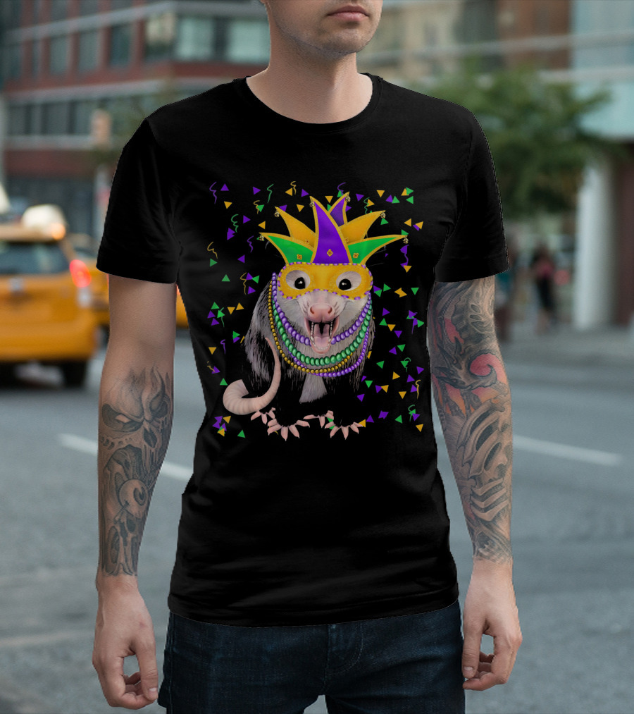 Mardi Gras Possum Wearing Colorful Mask And Beads With Confetti T-Shirt