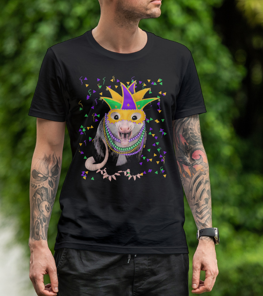 Mardi Gras Possum Wearing Colorful Mask And Beads With Confetti T-Shirt