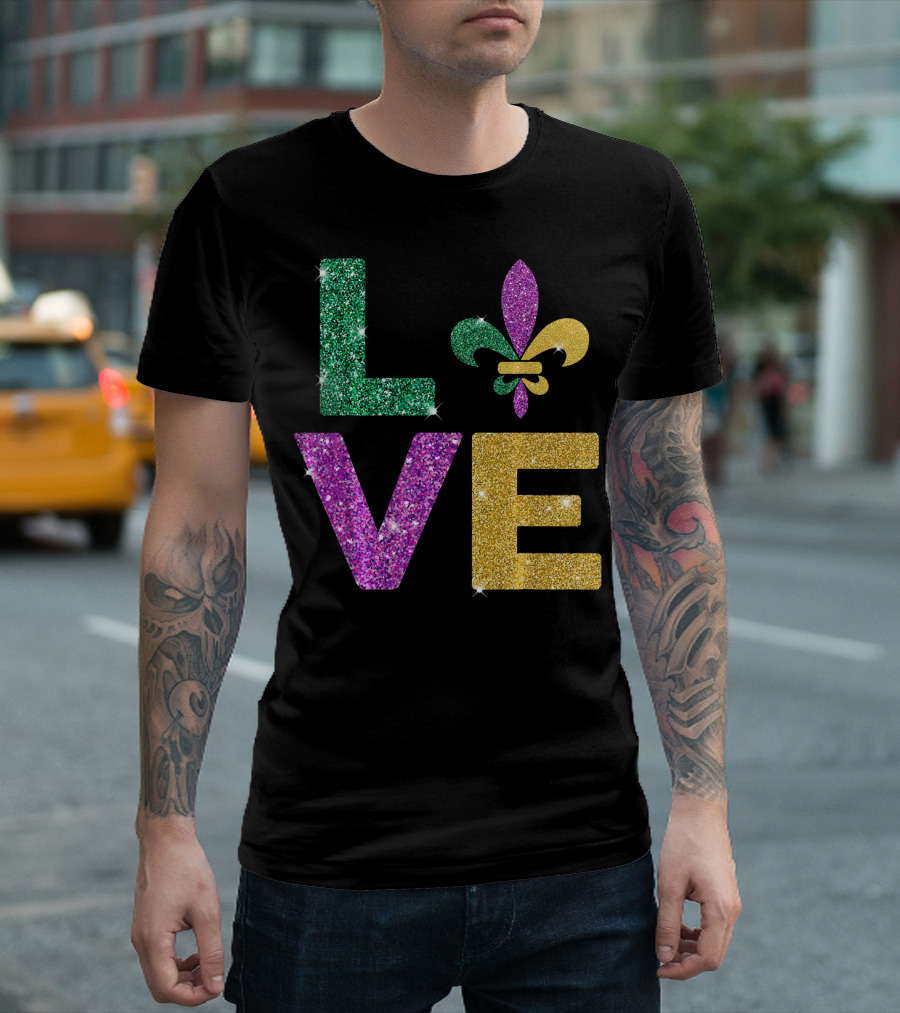 LOVE Mardi Gras Carnival Fleur-de-Lis Glitter T-Shirt
