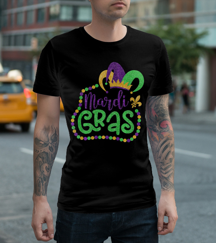 Mardi Gras Glitter Jester Hat Fleur De Lis T-Shirt