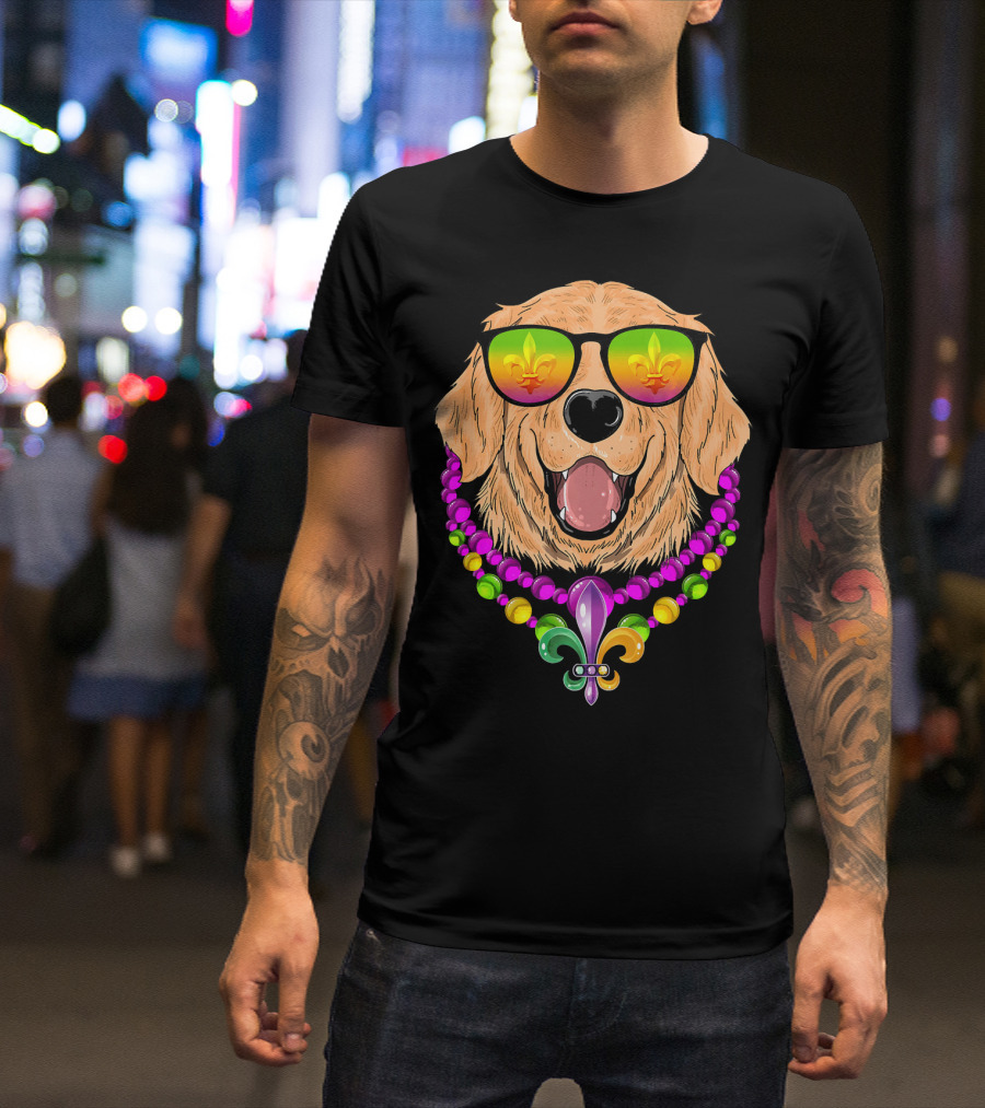 Golden Retriever With Fleur-de-Lis Beads And Sunglasses Mardi Gras T-Shirt