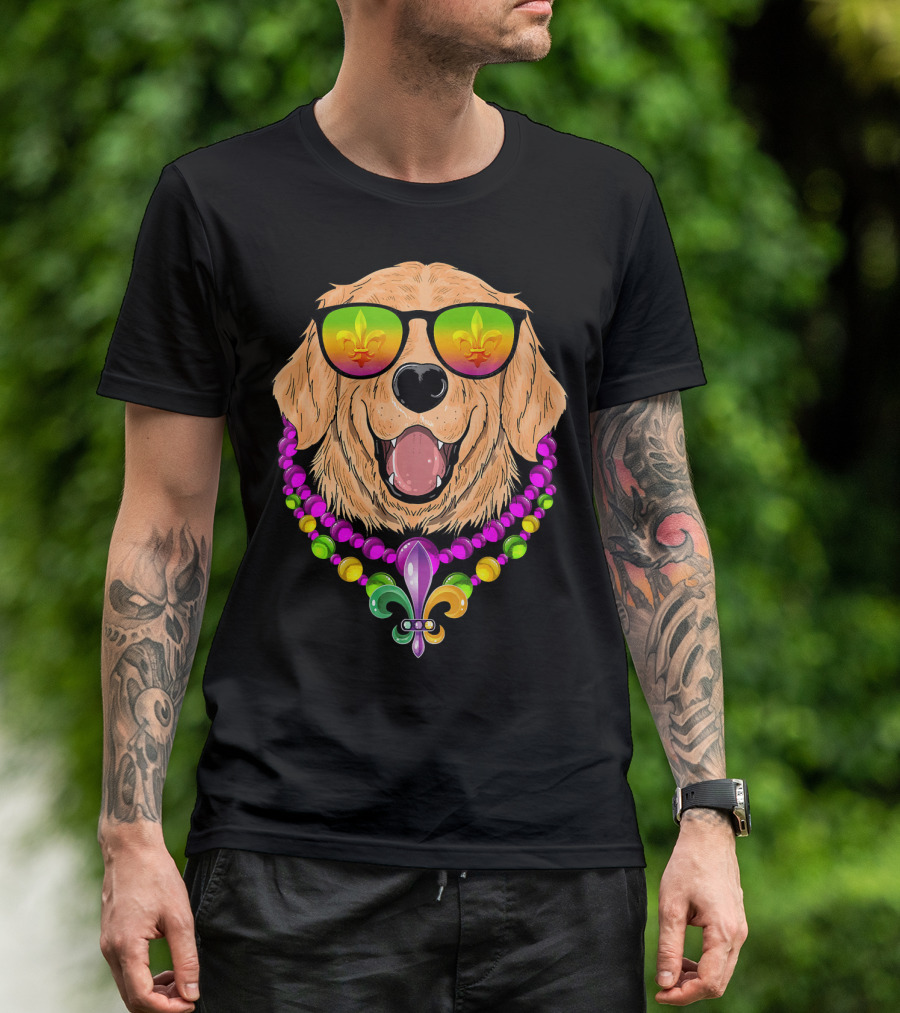 Golden Retriever With Fleur-de-Lis Beads And Sunglasses Mardi Gras T-Shirt