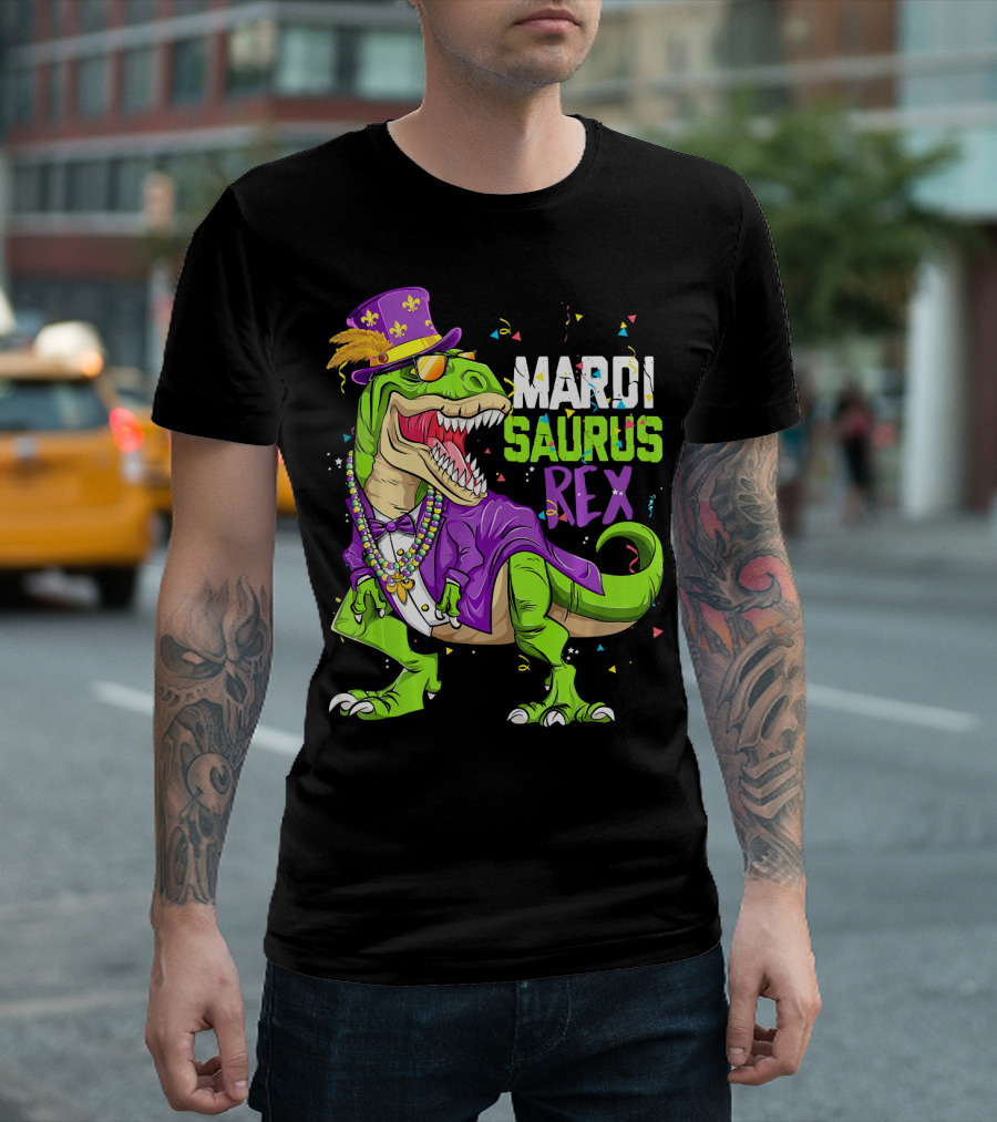 Mardi Saurus Rex Dinosaur Mardi Gras Confetti Fleur-de-lis Beads Hat T-Shirt