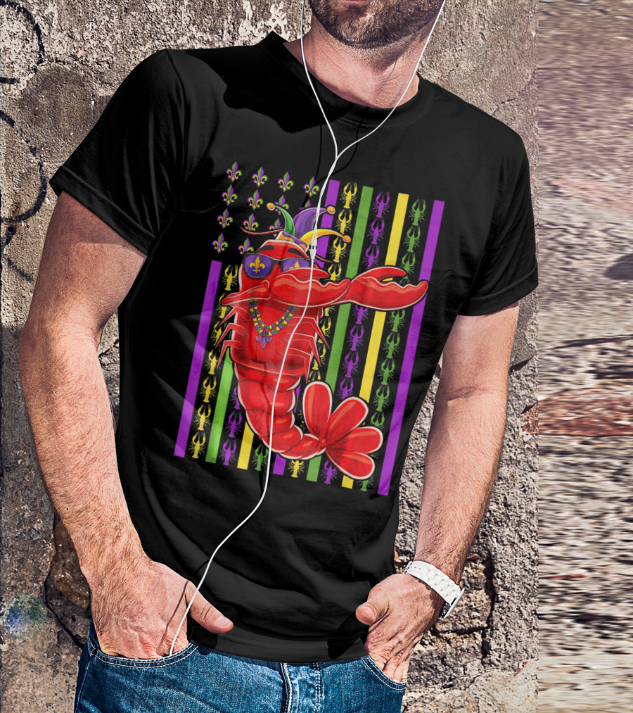 Funny Mardi Gras Crawfish Dabbing Americ Jester Hat Beads Fleur-de-Lis Stripes T-Shirt