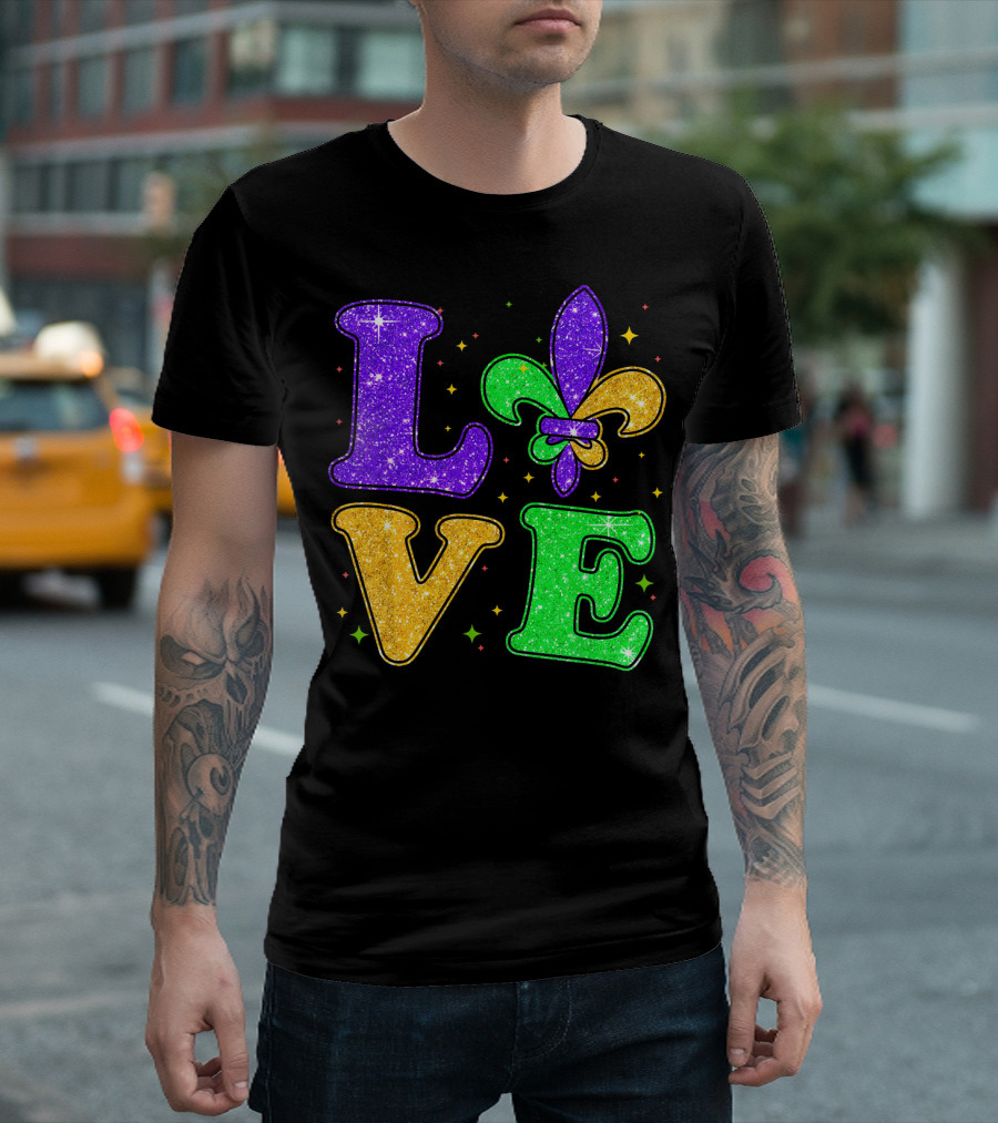 Love Mardi Gras Fleur De Lis Glitter T-Shirt