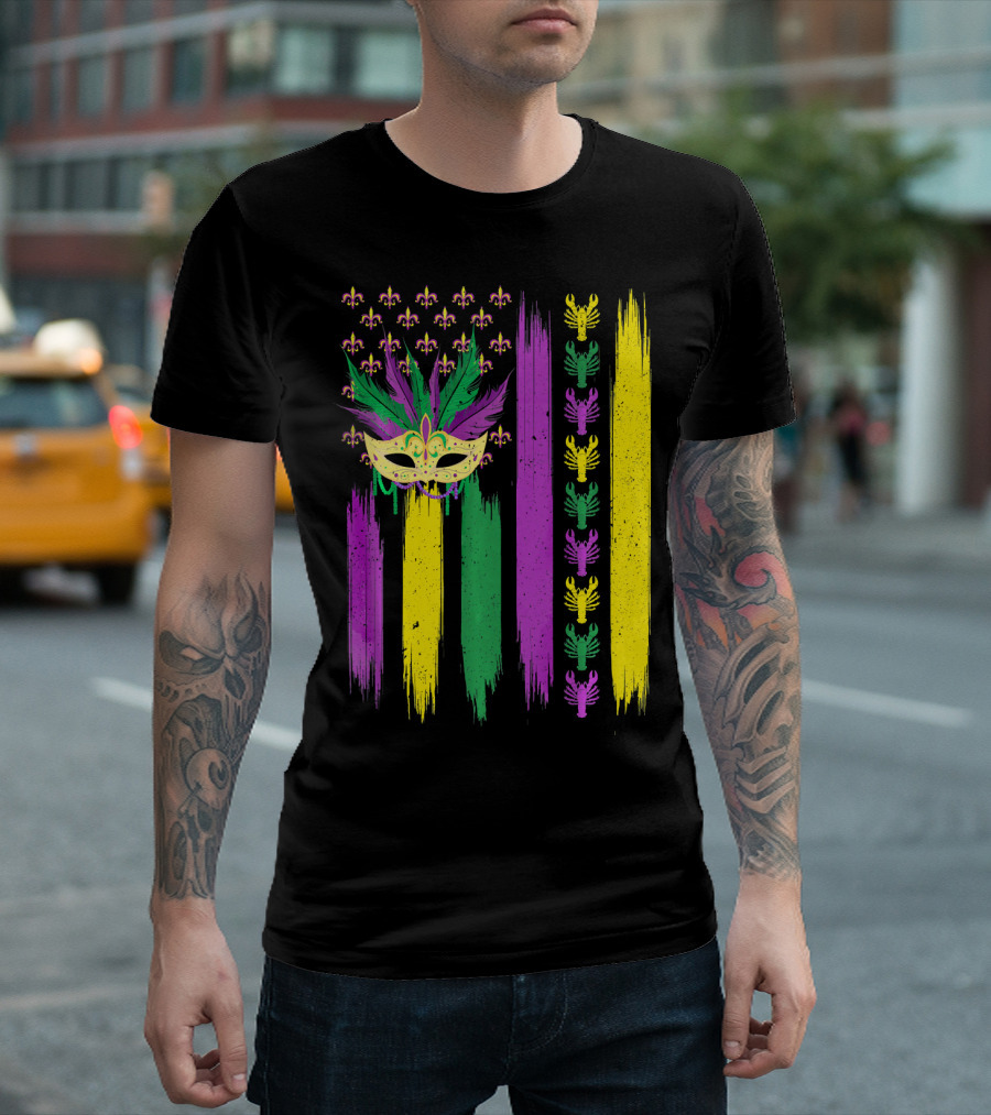 Crawfish Mask Mardi Gras Fleur-de-Lis American Flag Colors T-Shirt