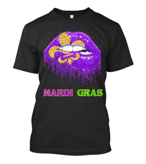 Mardi Gras Costume Funny Lips Glitter Fleur-de-lis T-Shirt