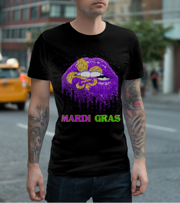 Mardi Gras Costume Funny Lips Glitter Fleur-de-lis T-Shirt