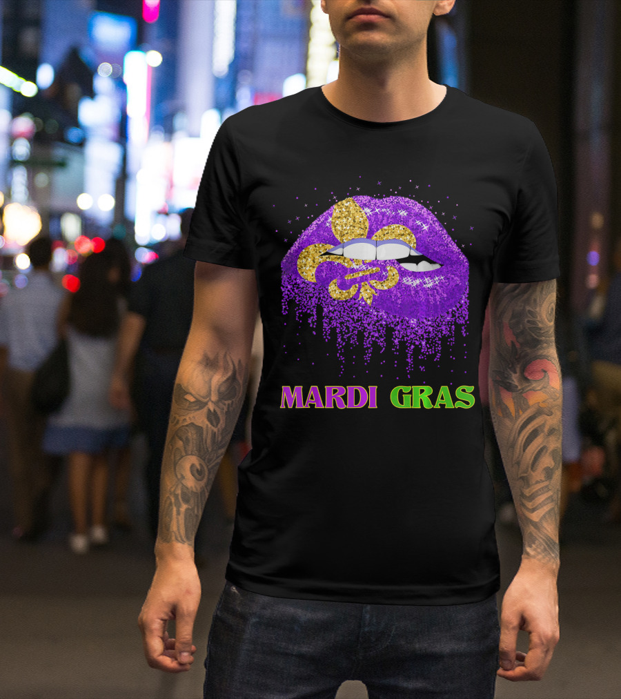 Mardi Gras Costume Funny Lips Glitter Fleur-de-lis T-Shirt