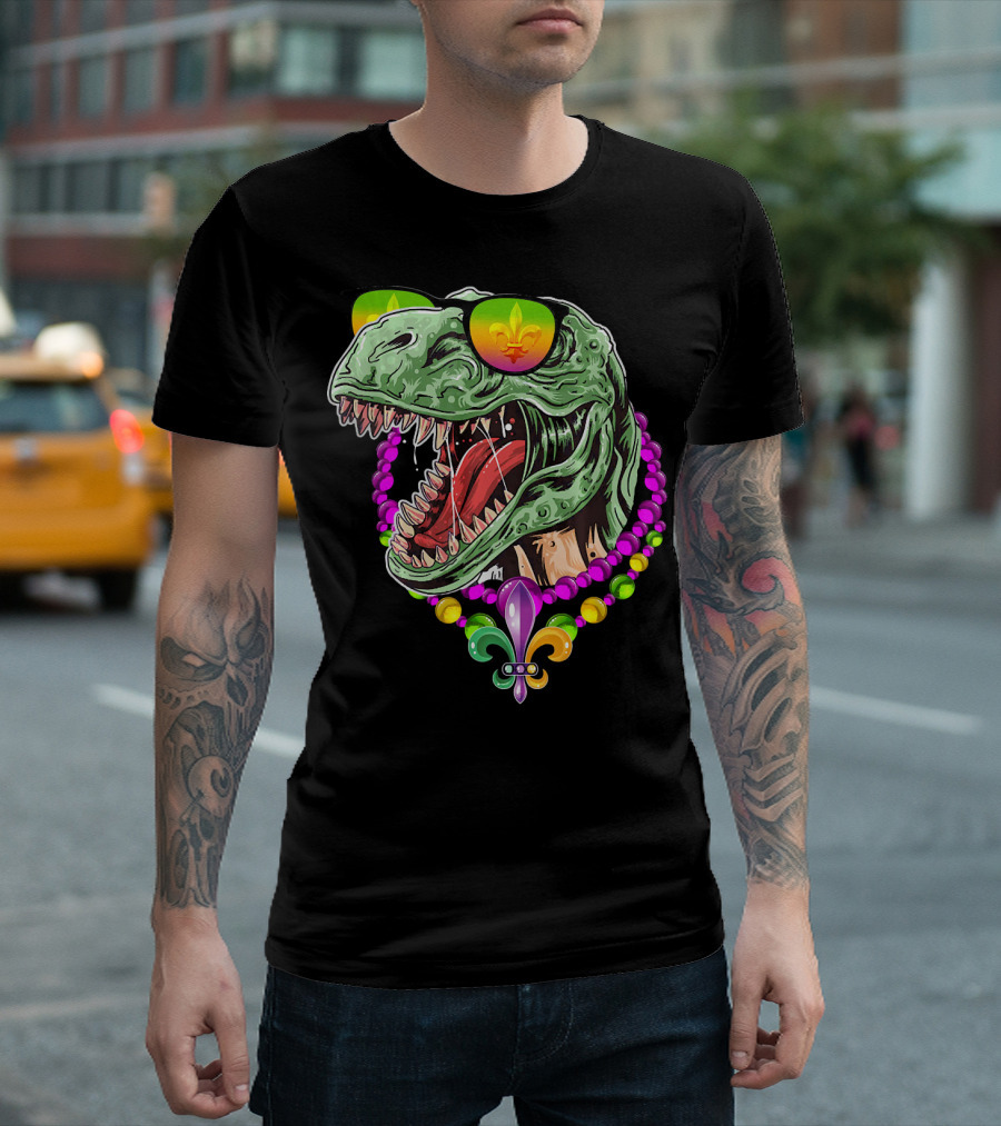 Dinosaur Rex Mardi Gras Beads With Fleur-de-Lis And Sunglasses T-Shirt