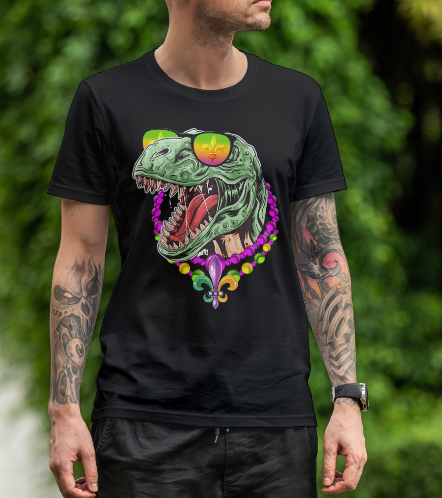 Dinosaur Rex Mardi Gras Beads With Fleur-de-Lis And Sunglasses T-Shirt
