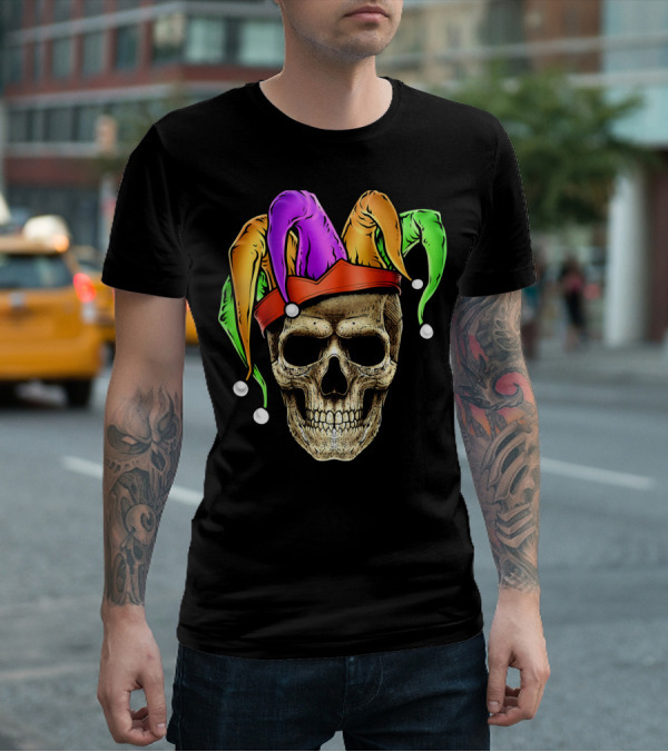 Skull Face Mardi Gras Jester Joker Colorful Hat T-Shirt