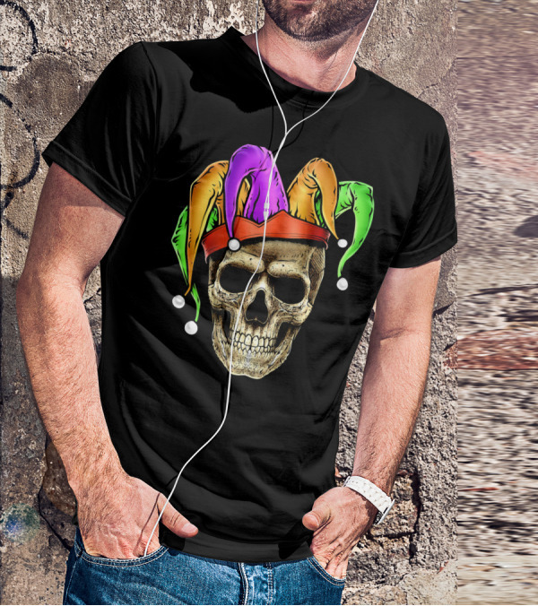 Skull Face Mardi Gras Jester Joker Colorful Hat T-Shirt