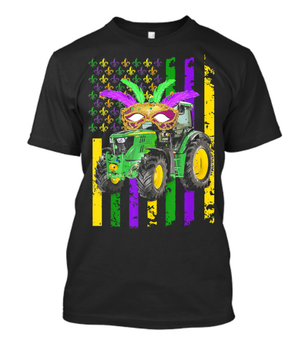 Mardi Gras Mask Tractor With Fleur-de-Lis And American Flag Colors T-Shirt