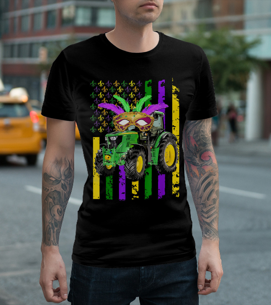 Mardi Gras Mask Tractor With Fleur-de-Lis And American Flag Colors T-Shirt