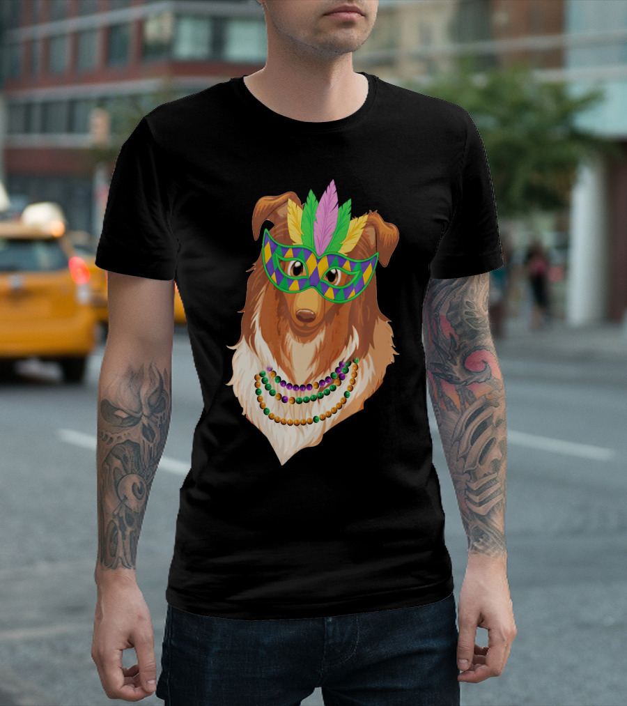 Collie Wearing Mardi Gras Mask and Beads T-Shirt