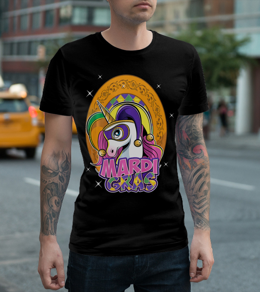 Mardi Gras Unicorn Mask Jester With Colorful Headpiece And Stars T-Shirt