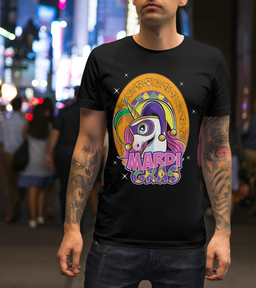 Mardi Gras Unicorn Mask Jester With Colorful Headpiece And Stars T-Shirt