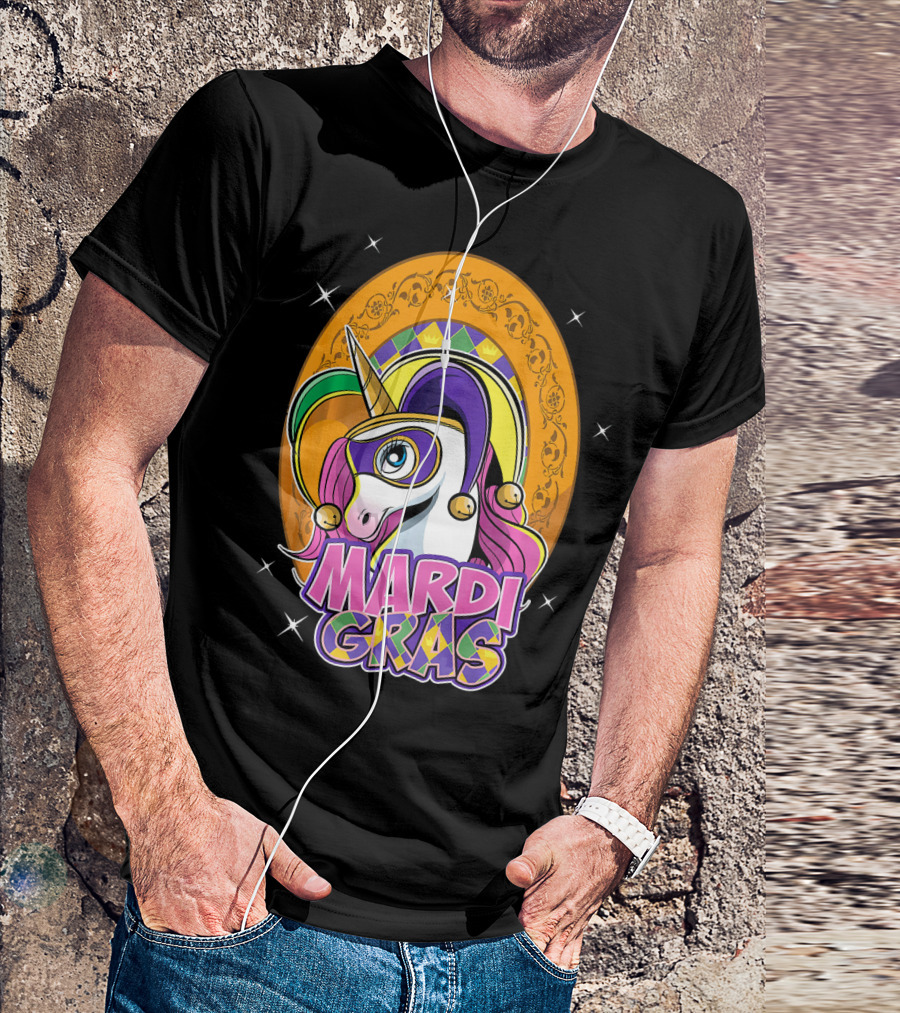 Mardi Gras Unicorn Mask Jester With Colorful Headpiece And Stars T-Shirt