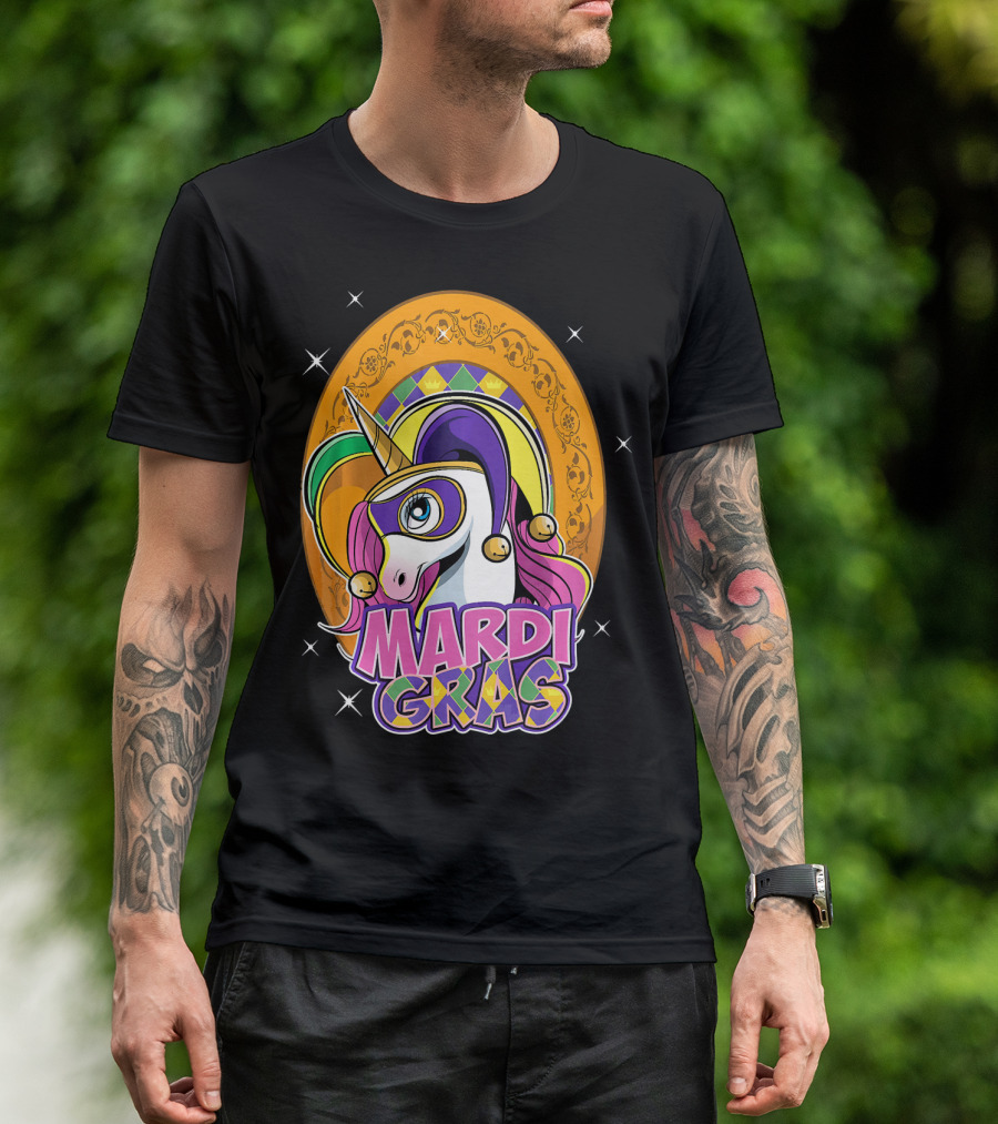 Mardi Gras Unicorn Mask Jester With Colorful Headpiece And Stars T-Shirt