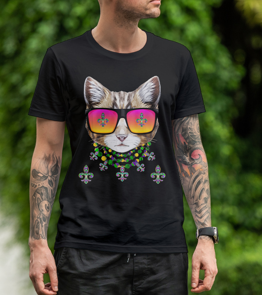 Mardi Gras Cat With Beads And Sunglasses Fleur-de-lis Icons T-Shirt