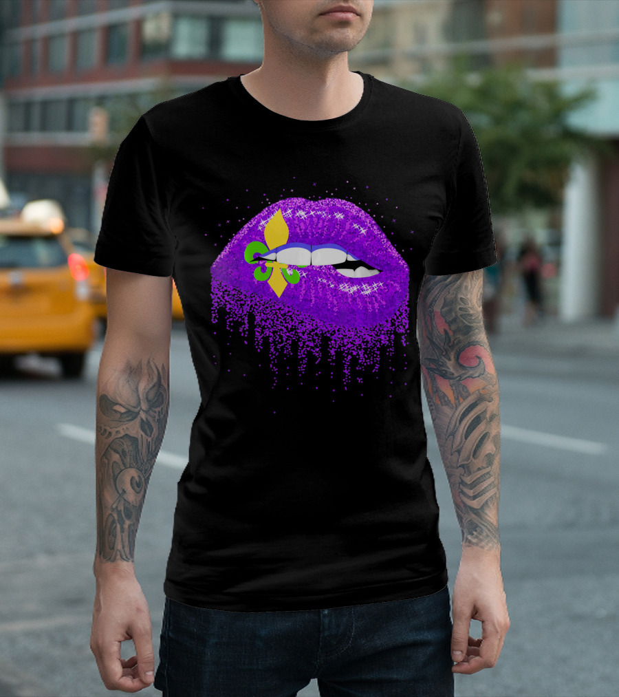 Funny Mardi Gras Purple Glitter Lips with Fleur-de-Lis T-Shirt