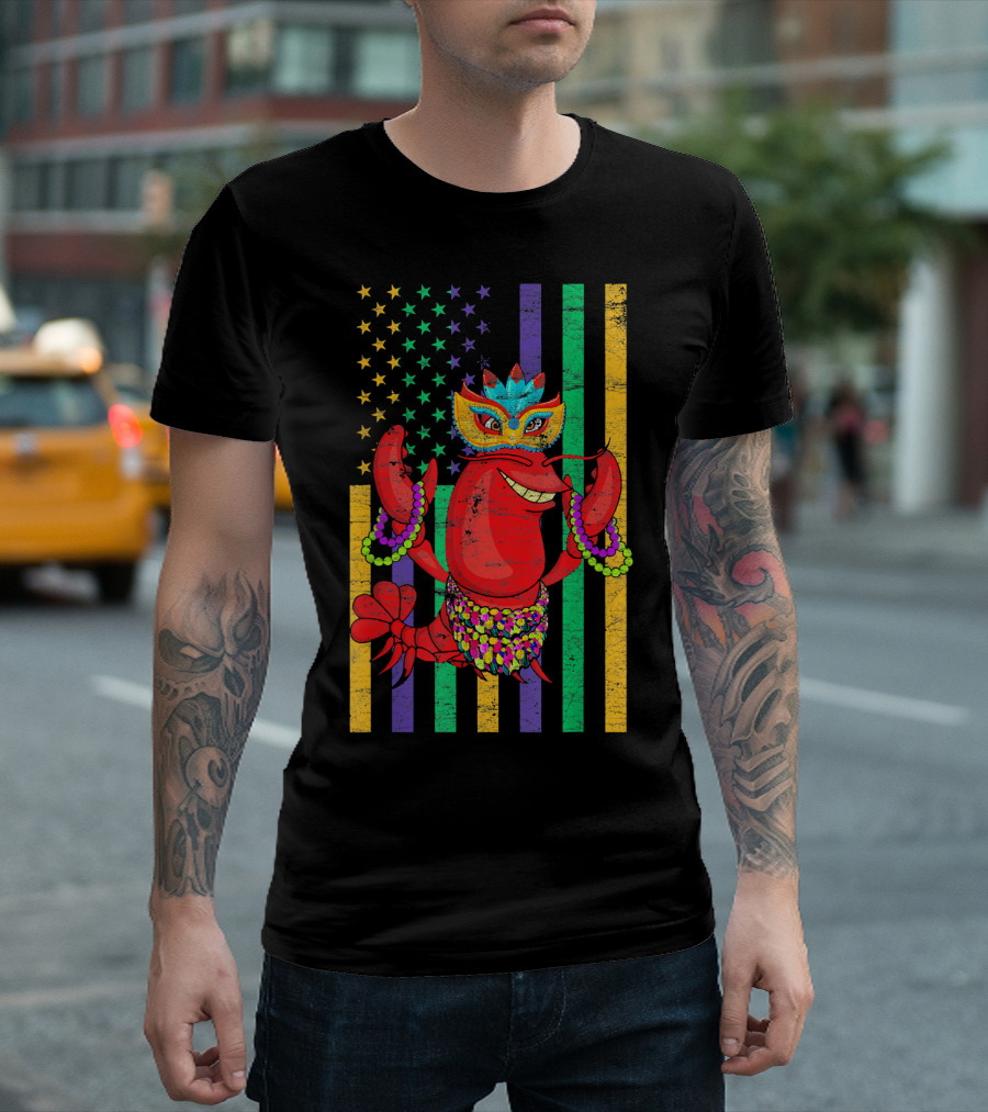 Funny Mardi Gras Crawfish In Bead Jester Hat With Colorful Star Stripes T-Shirt