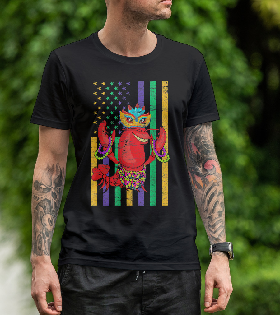 Funny Mardi Gras Crawfish In Bead Jester Hat With Colorful Star Stripes T-Shirt