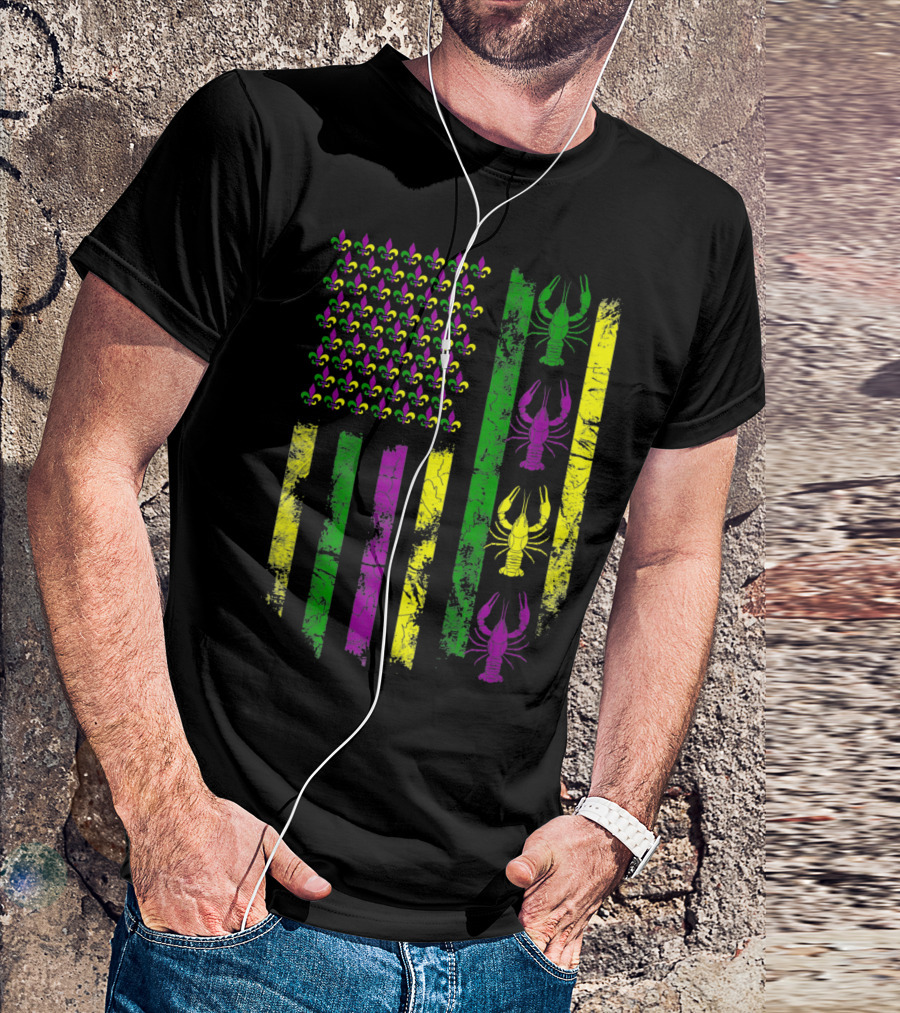 Mardi Gras Fleur-de-Lis Crawfish Flag In Purple Green Gold T-Shirt